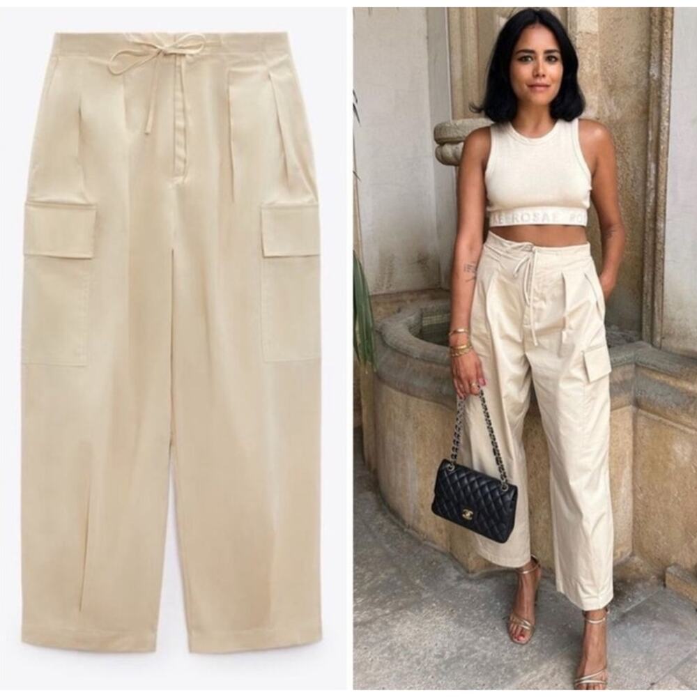 Zara Cargo Parachute High Rise Barrel Balloon Pants Cream Women's Size Large